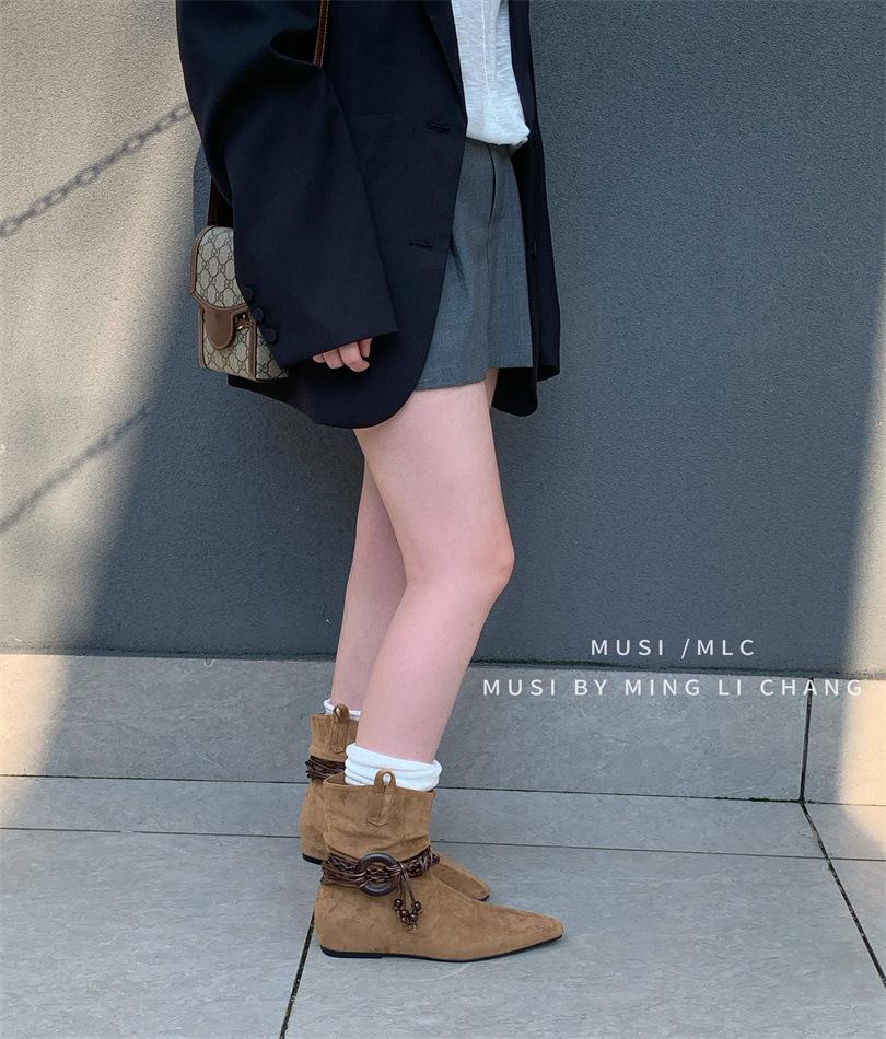 

Ретро ботильоны на толстом каблуке из коричневой замши средней высоты, женские, 2025, новые тонкие ботинки, весенне-осенние одинарные ботинки, западные короткие ботинки 39 абрикосовый