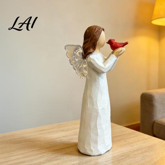 Artistic Bookshelf Accent Red Bird Angel Figurine Resin Winged Holding Statue for Pastoral Home Decoration Bereavement Remembrance Sympathy Memorial