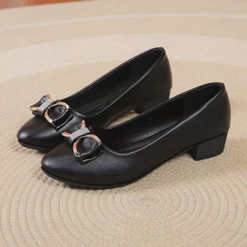 Coarse heel single shoes women's high-end small leather shoes new mid-heel versatile four-season women's shoes soft-soled high heels