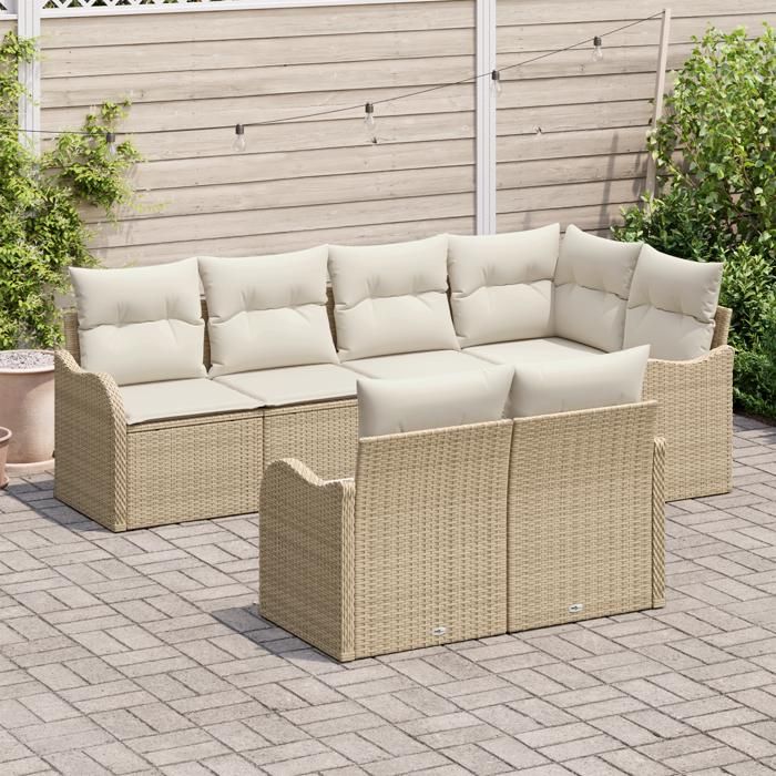 Ensemble de Canapé de Jardin 7 Pièces avec Coussins Beige Poly Rattan, Canapé de Jardin 2 Places avec Rangement &amp; Coussins 3354410