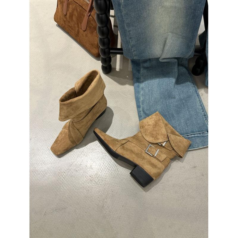 

French niche design sense 2025 mid-autumn boots western boots thick-soled thick heel medium heel short boots foldable knight boots 39 хаки