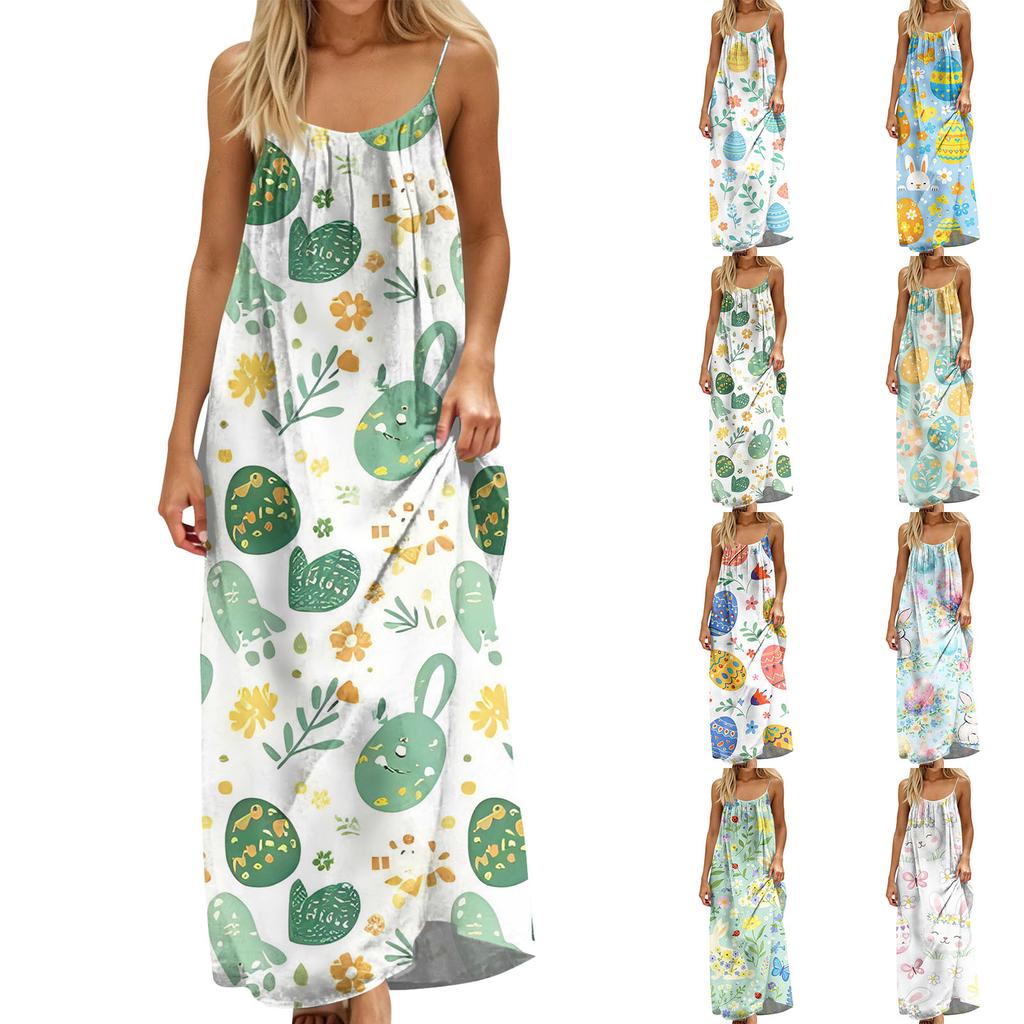 Women's Fashion Backless Spaghetti Strap Casual Loose-Fit Easter Print Dress