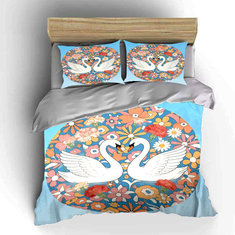 Romantic Swan Floral Decor Set Soft Comfortable Duvet Cover Bedding Set Included 1*Duvet Cover & 2*Pillowcases, Gift