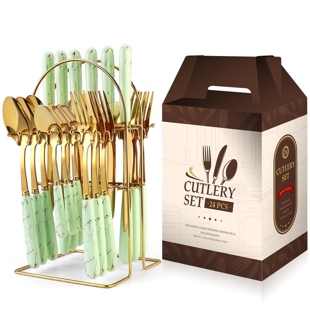 2026 Ceramic Handle Stainless Steel Tableware Set 24-piece Set Household Gold Knife and Fork Spoon Storage Shelf Gift Box