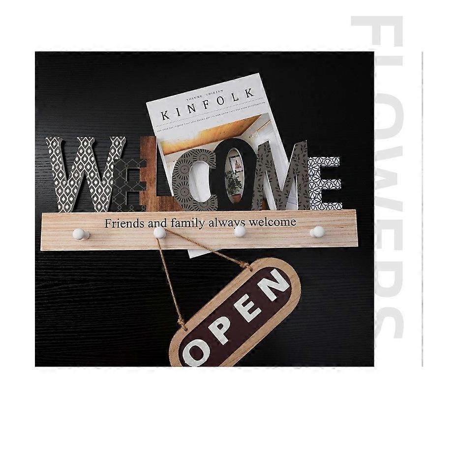 Farmhouse Wall Mount with 4 Metal Hooks, Hanging Rustic Distressed Welcome Sign for Front Door, Decorative Wooden Coat Rack for Home Decor