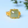 Natural Hetian Jade-Inspired Square Ring with Retro Chinese Style and Gilded Auspicious Clouds Design