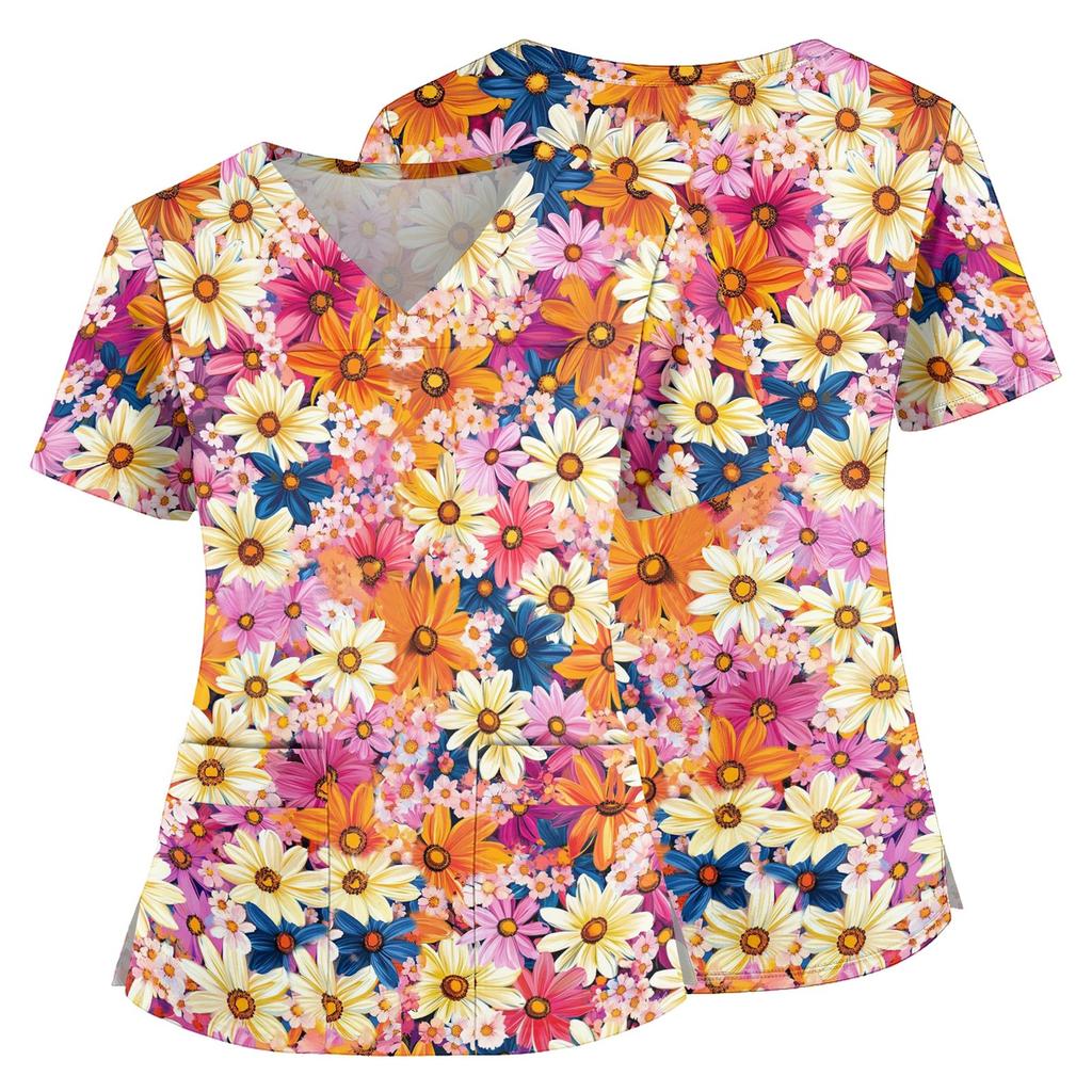 Top Medico a V con Stampa Floreale, Tasche, Spacchi Laterali, Manica Corta, Uniforme da Infermiera per Donna
