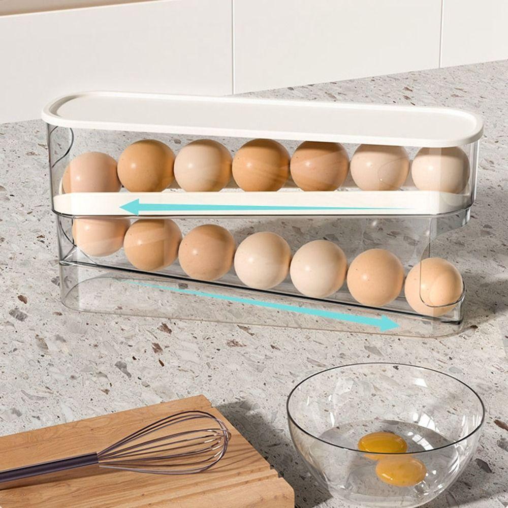 White Roll Off Egg Storage Rack Double-layer Egg Storage Box Rolling Egg Dispenser  for Household