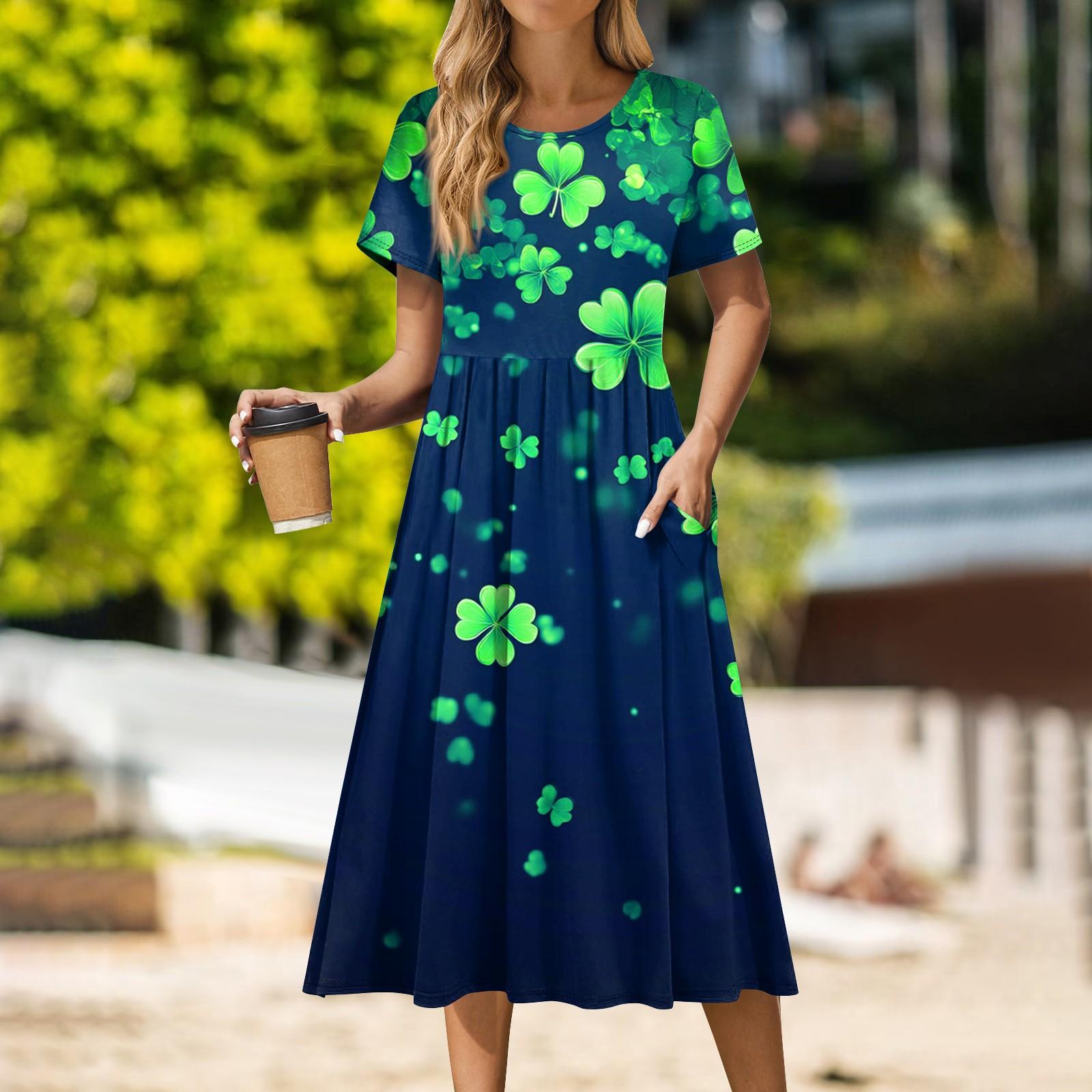

Женская повседневная одежда St. Платье миди с принтом Патрика, плиссированное, с круглым вырезом, базовое классическое повседневное платье свободного кроя с коротким рукавом XXL циан
