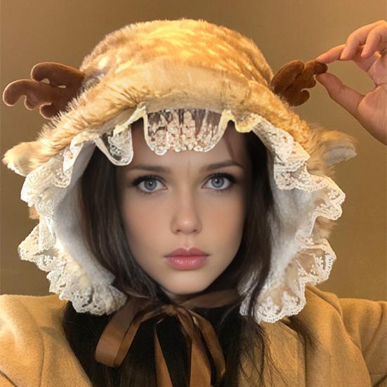 Deer Design Winter Hat Plush Ears Women Furry Animal Hat Cold Days Skiing Snowboarding Windproof Ear Protection Warm Hat