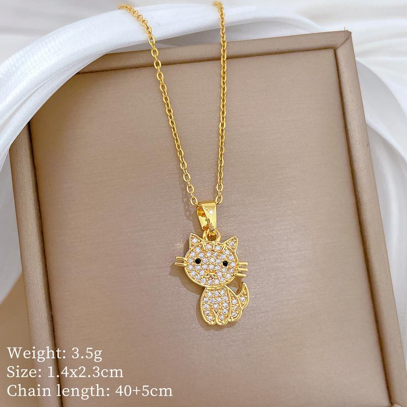 Full Diamond Cute Cat Suit Light Luxury Temperament Gorgeous Full Diamond Necklace Female Versatile Collarbone Titanium Steel Chain