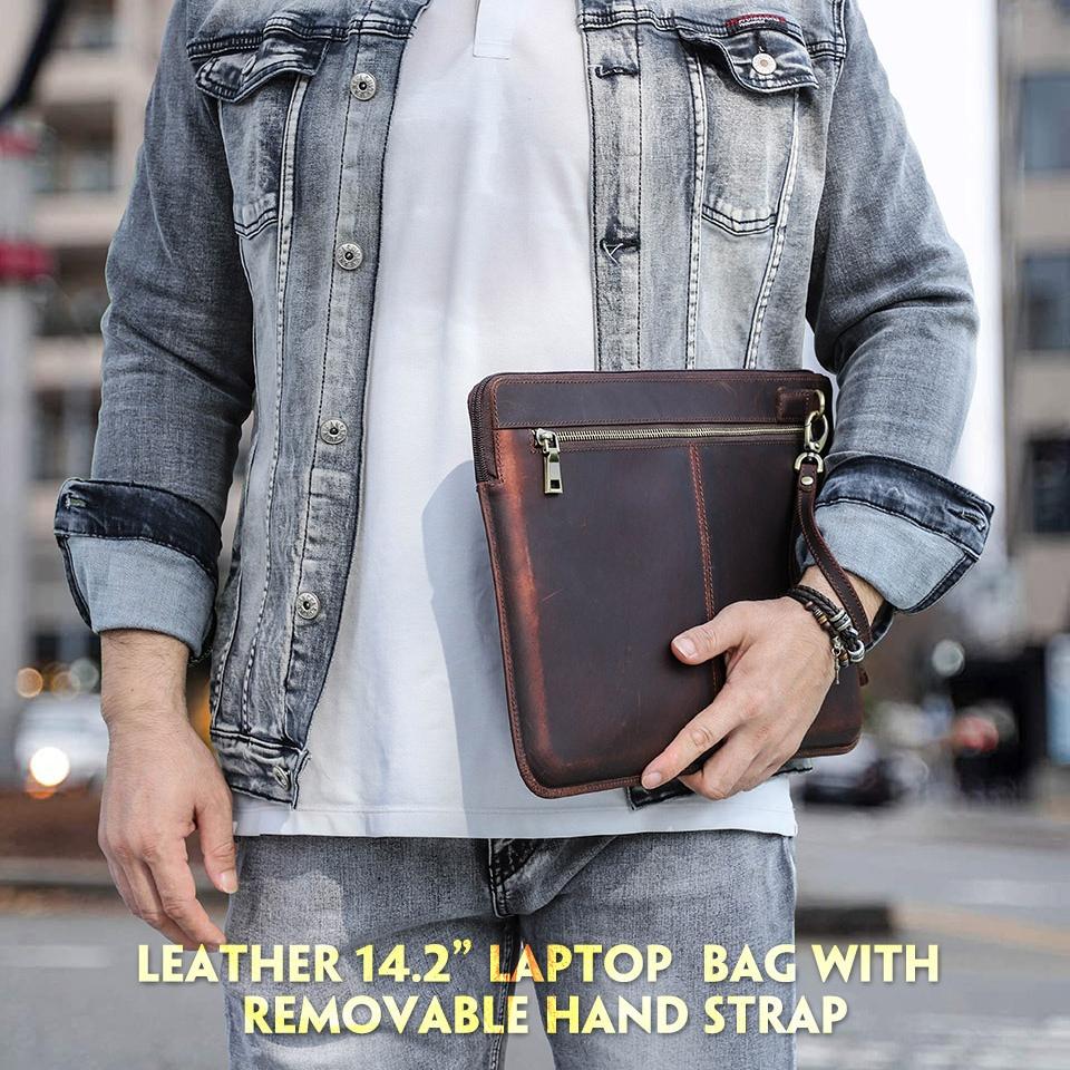 Genuine Leather Laptop Sleeve For MacBook Pro 14 Large Inner Pocket Shockproof