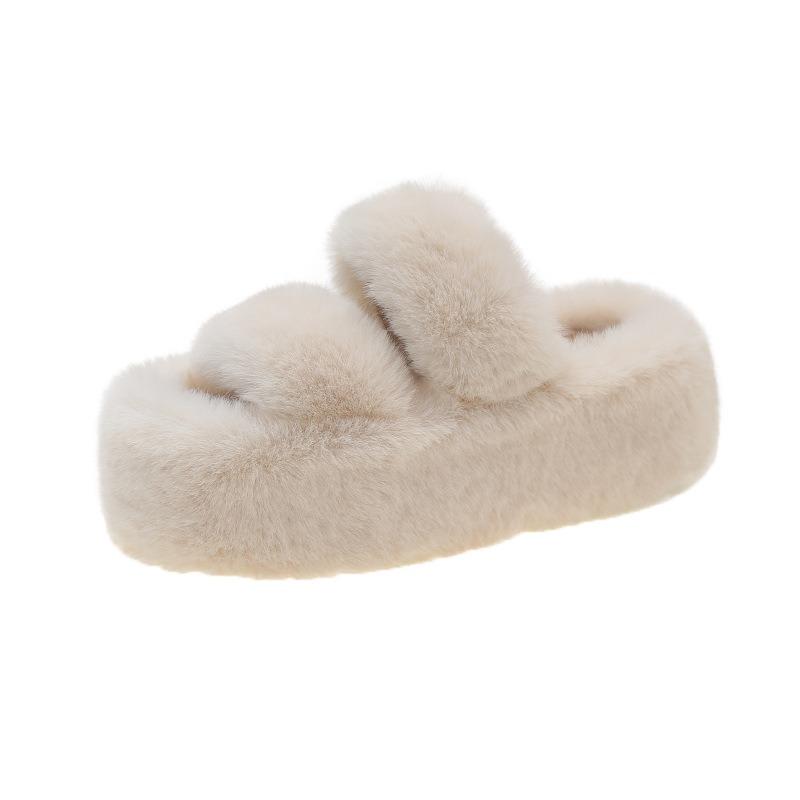 Cm Thick Bottom Fluffy Slippers Women's Muffin Bottom Large Size Parallel Bars Thickened Plush Flat Bottom One Word Warm Cotton Mop
