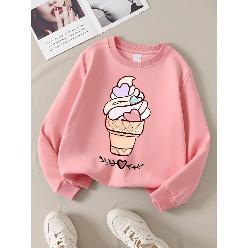 Kids Sweatshirt Crewneck Sweatshirt for Kids Featuring a Heart-Shaped Ice Cream Cone Design, Suitable for Machine Washing