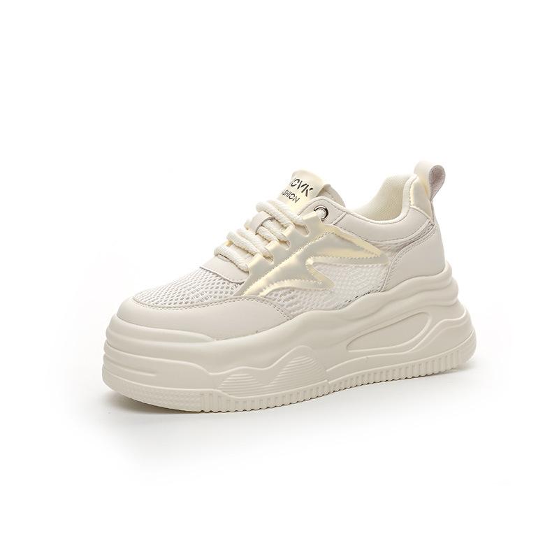 Inner Height Increase Casual Board Shoes Women's Summer New Leather Breathable Mesh White Shoes 7 Thick-soled Single Shoes