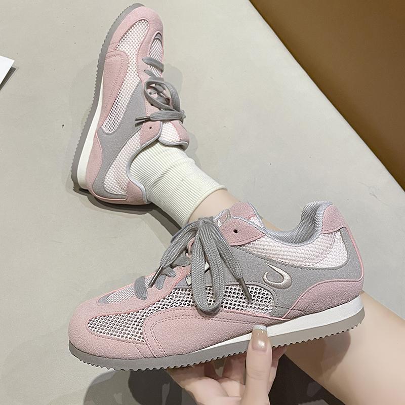 Fashion Mesh Breathable Casual Flats Women Summer New Round Toe Spliced Front Lace-Up Soft Sole Versatile Retro Fishnet Single Shoes