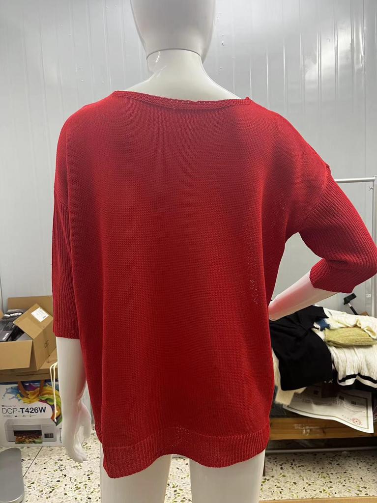 Women's Solid Color Slimming V-Neck Knit Sweaters - European & American Style, Three-Quarter Sleeves