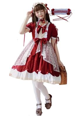 Lolita Gothic Long Mori Young Lady [Housaku Co., Ltd.] Dress, Lolita, Sleeved, Frilled, Cute, Girl, Cosplay, Christmas, Halloween, (M, Red)