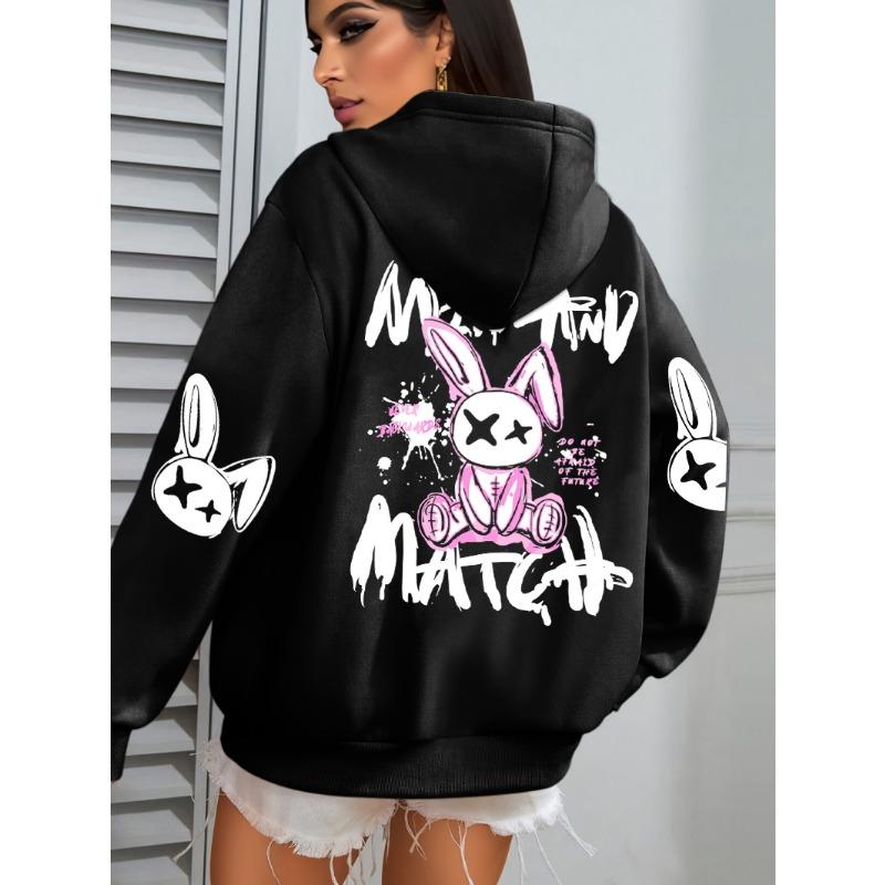 Mix And Match Cartoon Rabbit Prints Women Hoodie Pocket Streetwear Loose Hoody All-Match Fleece Female Clothing