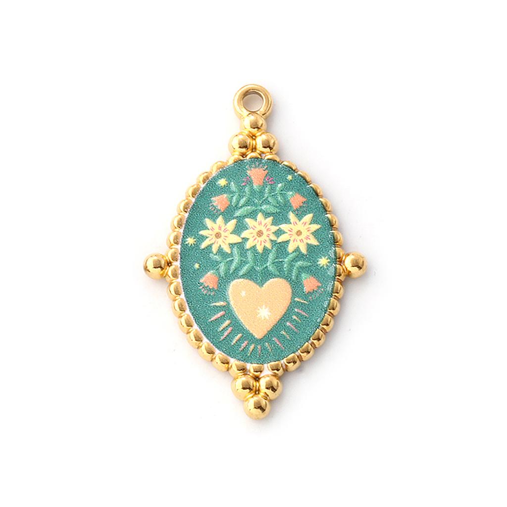 1PC Bear Heart Printed 304 Stainless Steel Pendants 18K Gold Plated Multicolor Enamel Charms Making Necklace  Jewelry Findings