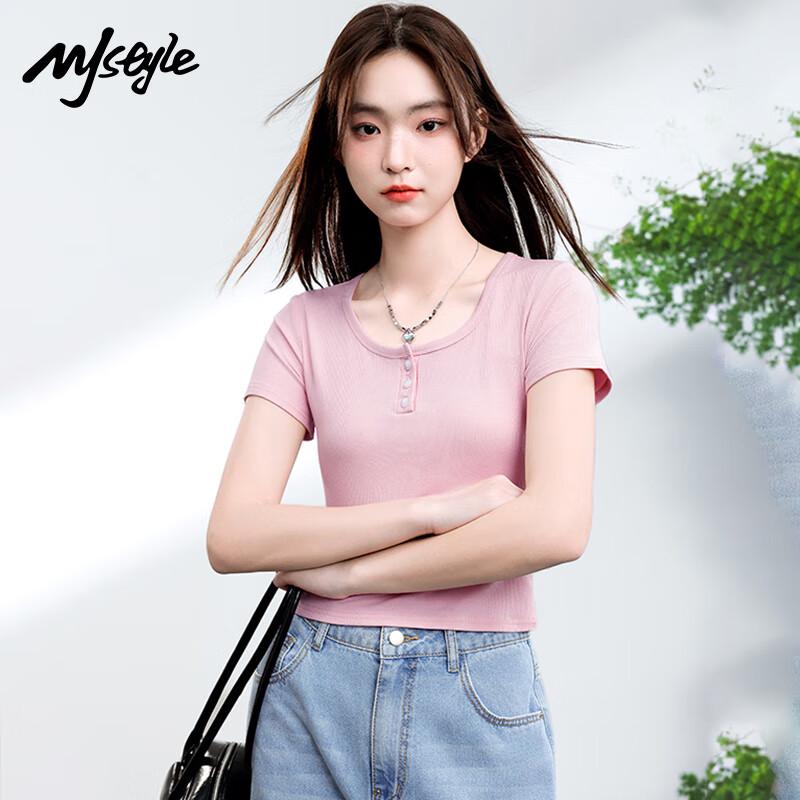 MJ STYLE U-Neck Button Short Sleeve Slim Fit T-Shirt XL