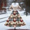 Women's Casual Dress Long-Sleeve V-Neck Patchwork Fleece Christmas Print Dress