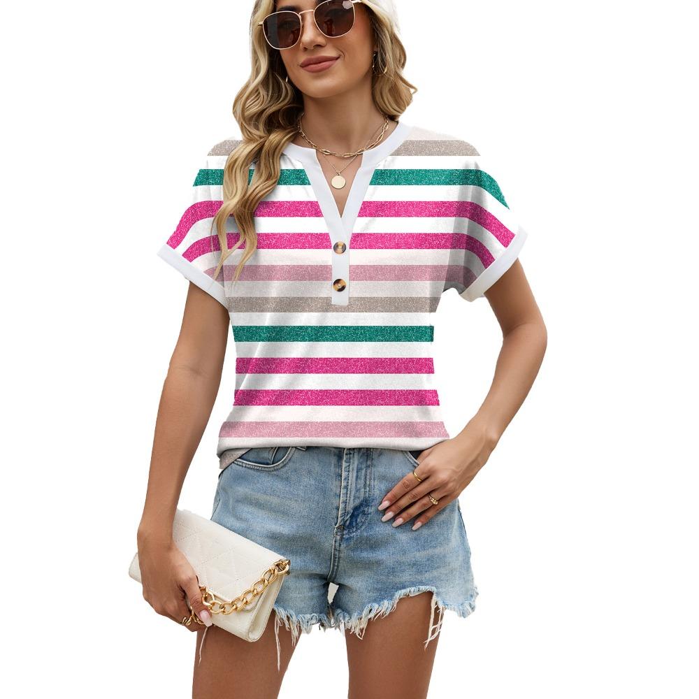 Women s V-Neck Striped T-Shirt Loose Fit Casual Basic Short Sleeve Rayon Blend Summer Top S