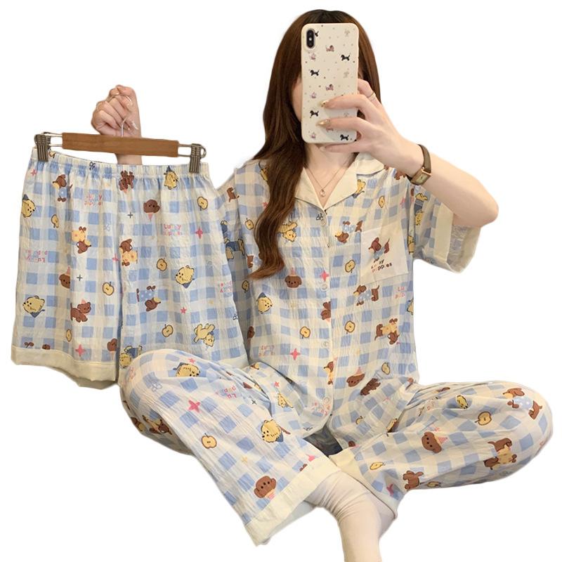 Cute Plaid Apple Puppy Pajamas Women'S Summer Cloud Cotton Short-Sleeved Three-Piece Set Thin Loungewear