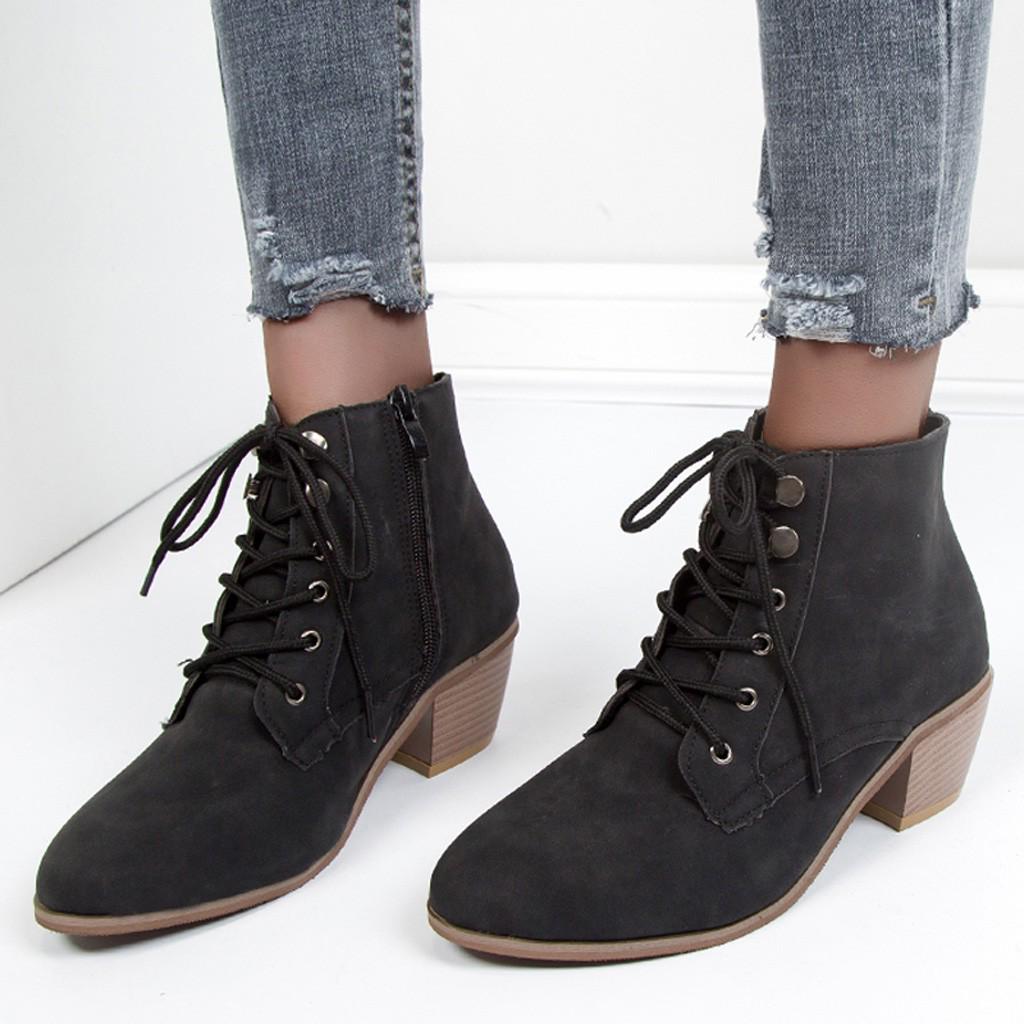 

Sagit Fashion Женские каблуки Suqare на шнуровке однотонные короткие ботинки с круглым носком