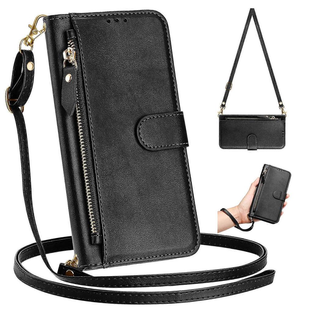 Wallet Phone Case for OPPO Reno 12F with Zipper Card Holder, Detachable Strap, Kickstand, Magnetic Closure
