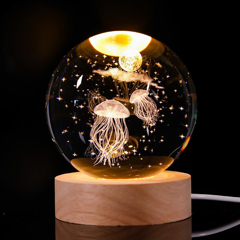 Crystal Ball Night Light 3D Carved Starry Sky Solid Wood Base Soft Bedside Lamp for Bedroom Decor Gift