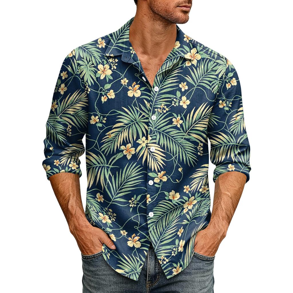 Men's Loose Fit Long Sleeve Shirt Hawaiian Style Retro Casual Button Down Collar Shirt Suitable for Spring and Autumn Wear