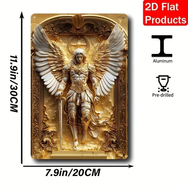 

Golden Archangel Michael Intricate Aluminum Wall Art Angelic Warrior with Halo Sword Durable Metal Home Decor 20x30cm