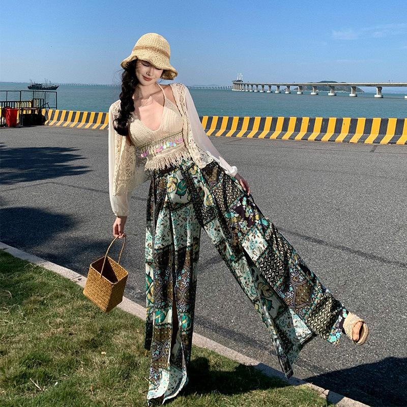 Bohemian Three-piece, Women's Seaside Vacation Fringed Sling Vest Bikini with Split Wide-leg Pants