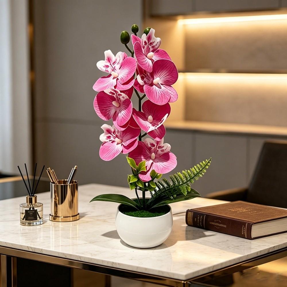 Pink Artificial Orchid Potted Flower 7 Heads Artificial Faux Plants  Indoor Decoration
