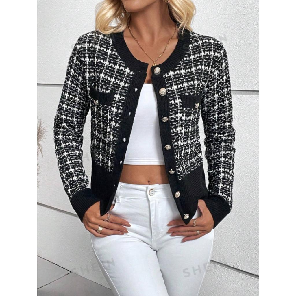 Women's Cardigans - Women's Long Sleeve Button Cropped Knit Cardigan, Elegant Tweed Style Short Sweater Coat, Daily Fashion Outerwear Women