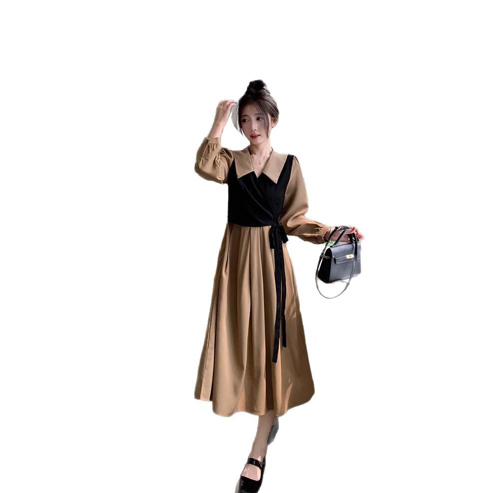 Women's spring clothes slightly fat sister MM waist and thin V-neck long sleeves fake two pieces to cover the belly temperament dress long dress