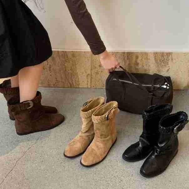 Autumn new inner height increase retro stacking boots woven belt buckle round head short boots for winter