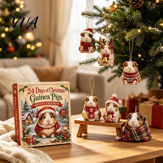 Holiday Home Decor Guinea Pig Advent Calendar, 24-Day Acrylic 2D Ornament Set with Cute Animal Figurine Christmas Outfits, Tree Hanging Decor,