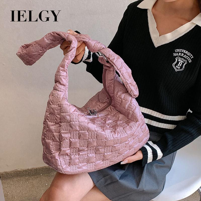 IELGY Cloud Bag Plaid Pleated One-Shoulder Cotton-Padded Bag Large-Capacity Casual Korean Version Diagon
