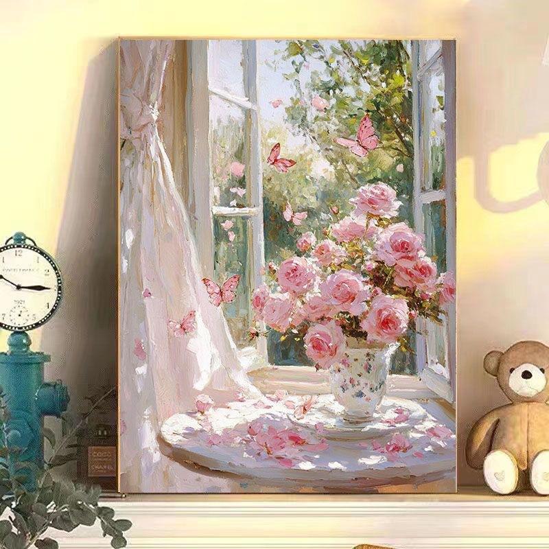 Diy Digital Oil Painting Windowsill Flower Series Hand-Filled Coloring Oil Painting Decompression Healing Decorative Hanging Painting