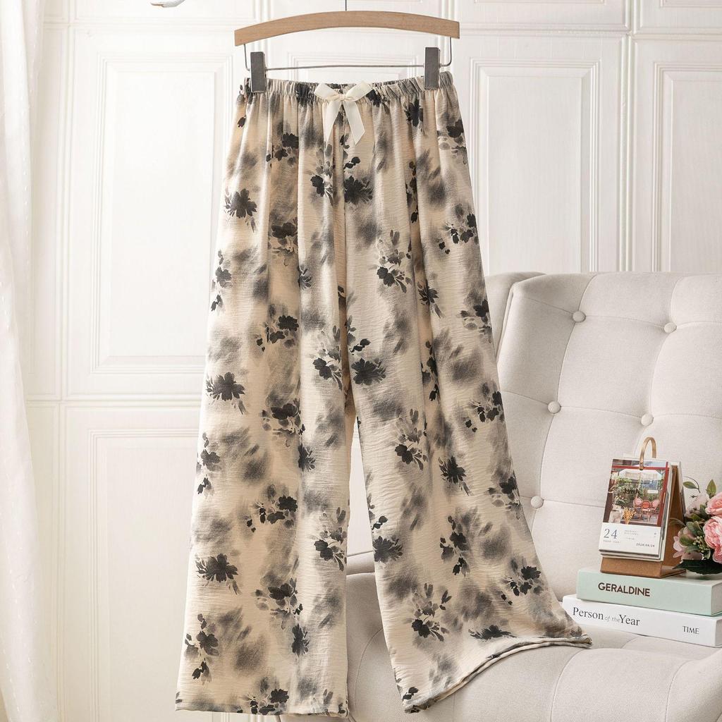 Ice Silk Linen High Waist Cartoon Print Pajama Pants for Women, Casual, Summer Style, Plus Size, Suitable for Indoor and Outdoor Wear