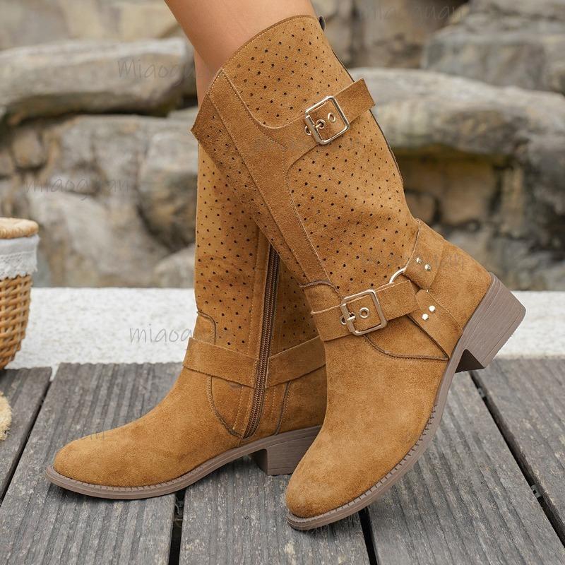 Suede Western Cowboy Boots Women 2025 Autumn Vintage Metal Buckle Black Ankle Boots Woman Thick Heels Side Zip Short Boties 42