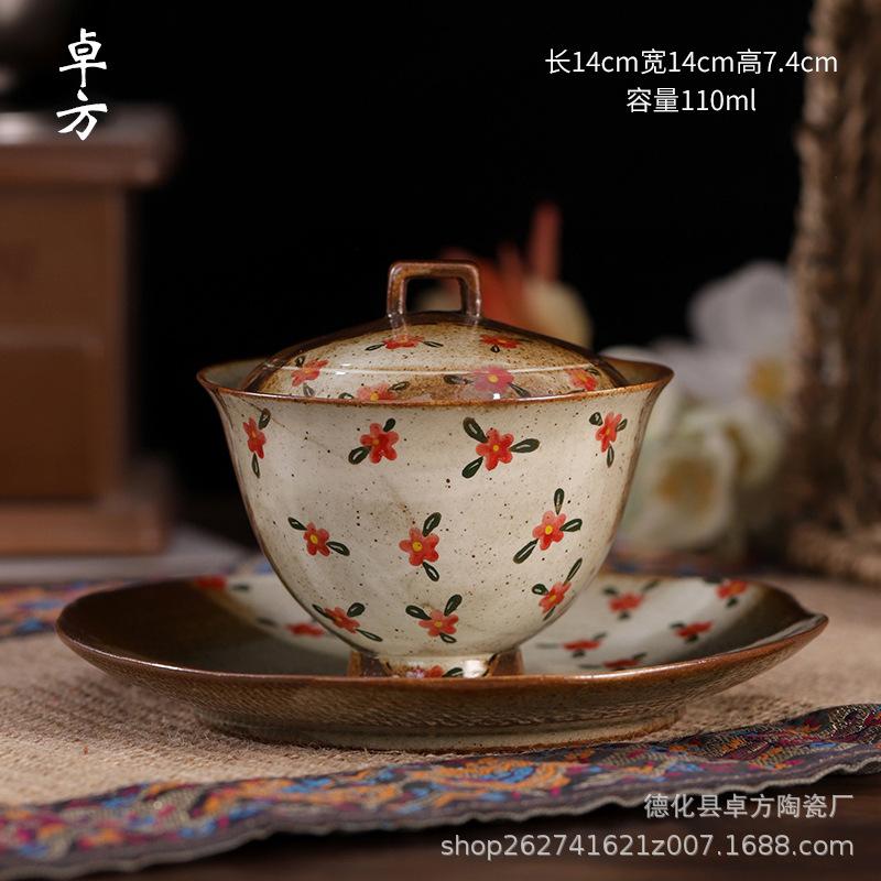 Pure Hand-painted Small Floral Firewood Fired Retro Underglaze Colored Tea Set Chinese Style Kung Fu Tea Set Tea Pot and Cup Set