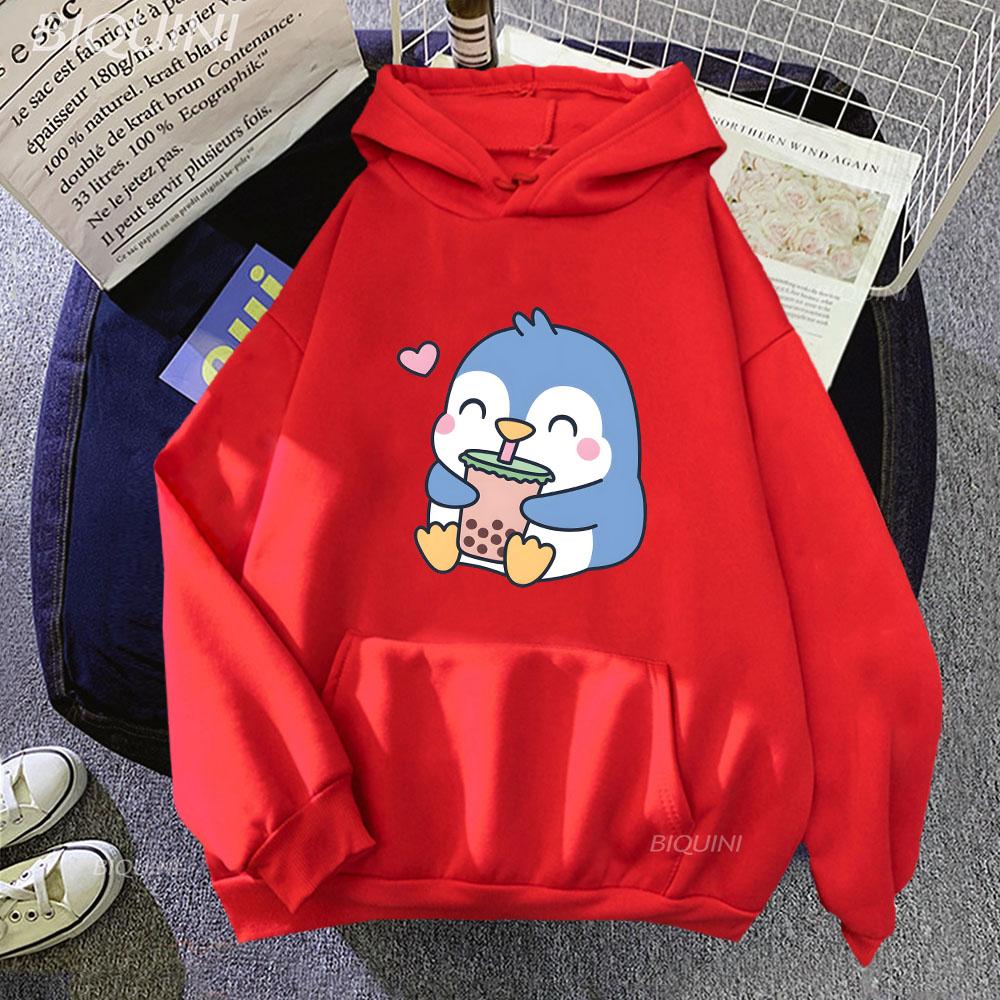 Bubble Boba Milk Tea Cartoon Hoodies Women Penguin Graphic Sweatshirts Unisex Clothes Kawaii Anime Harajuku Plus Size Hoodie