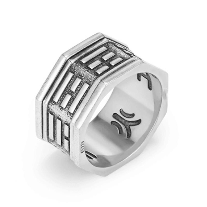Adjustable Unisex Vintage-Inspired Silver-Plated Ring With Yin Yang Five Elements Motif Minimalist Boho Statement Jewelry