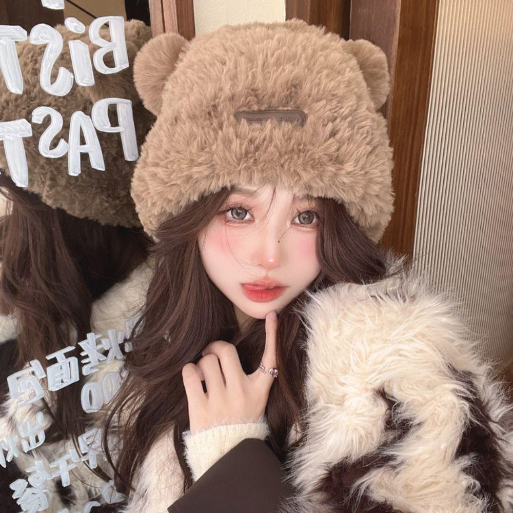 Korean Style Fluffy Beanie Hat Soft Plush Pullover Hats Ski Caps Bear Plush Hat  Autumn and Winter