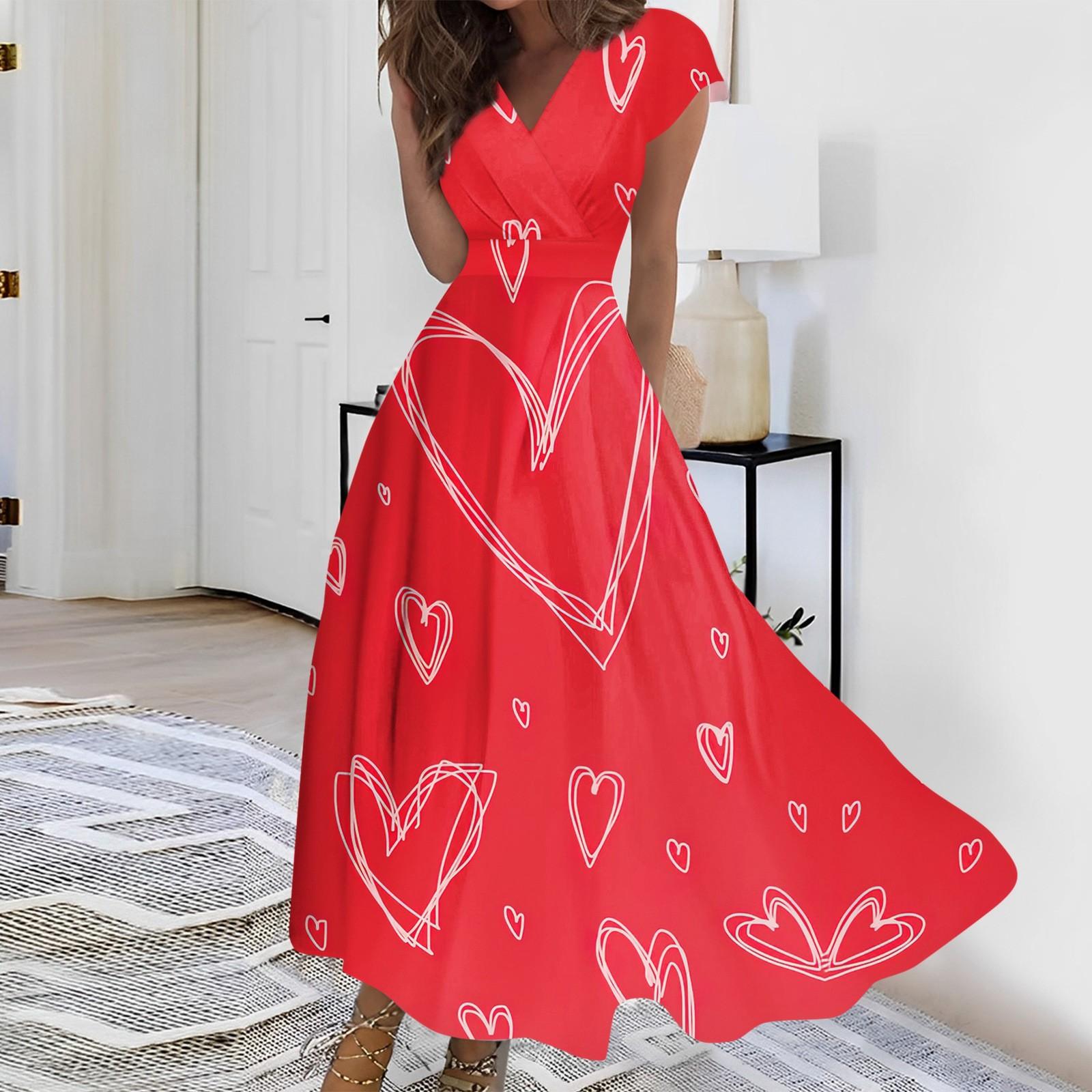 

Женское длинное повседневное платье весна-лето с коротким рукавом V-образным вырезом и заниженной талией с принтом XXXL красный