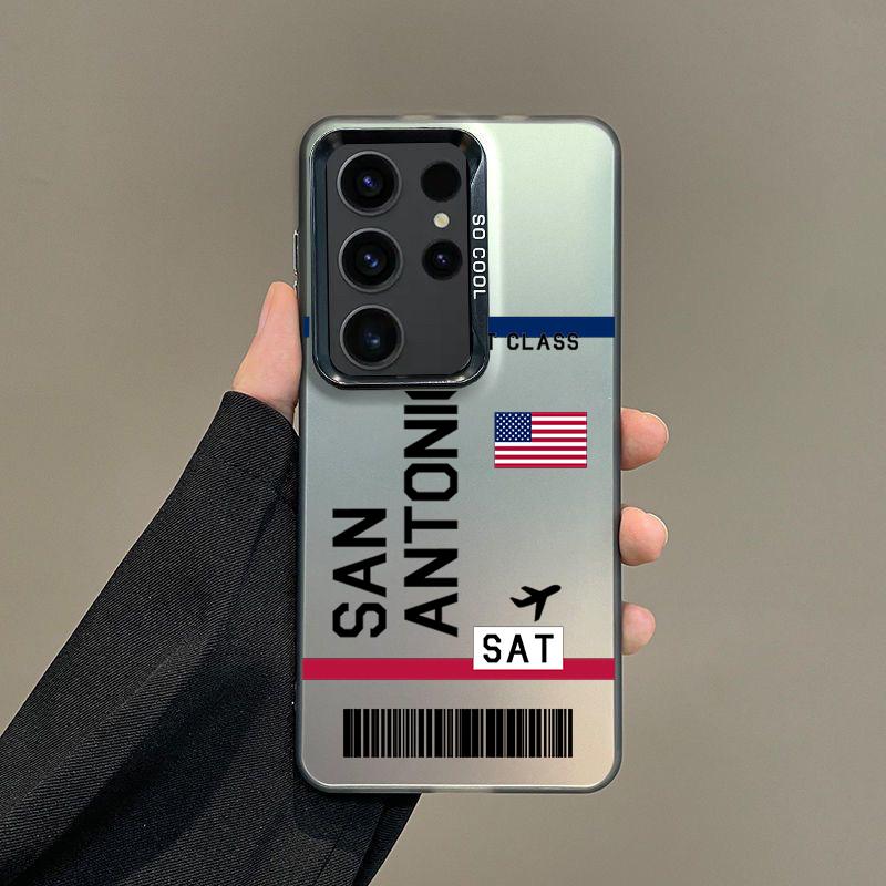 Phone Case For Samsung A56 A36 A26 A24 A16 A14 A12 A32 A50 A70 A22 A34 A54 A52 5G A06 4G Silver IMD Cover Airplane Ticket Art