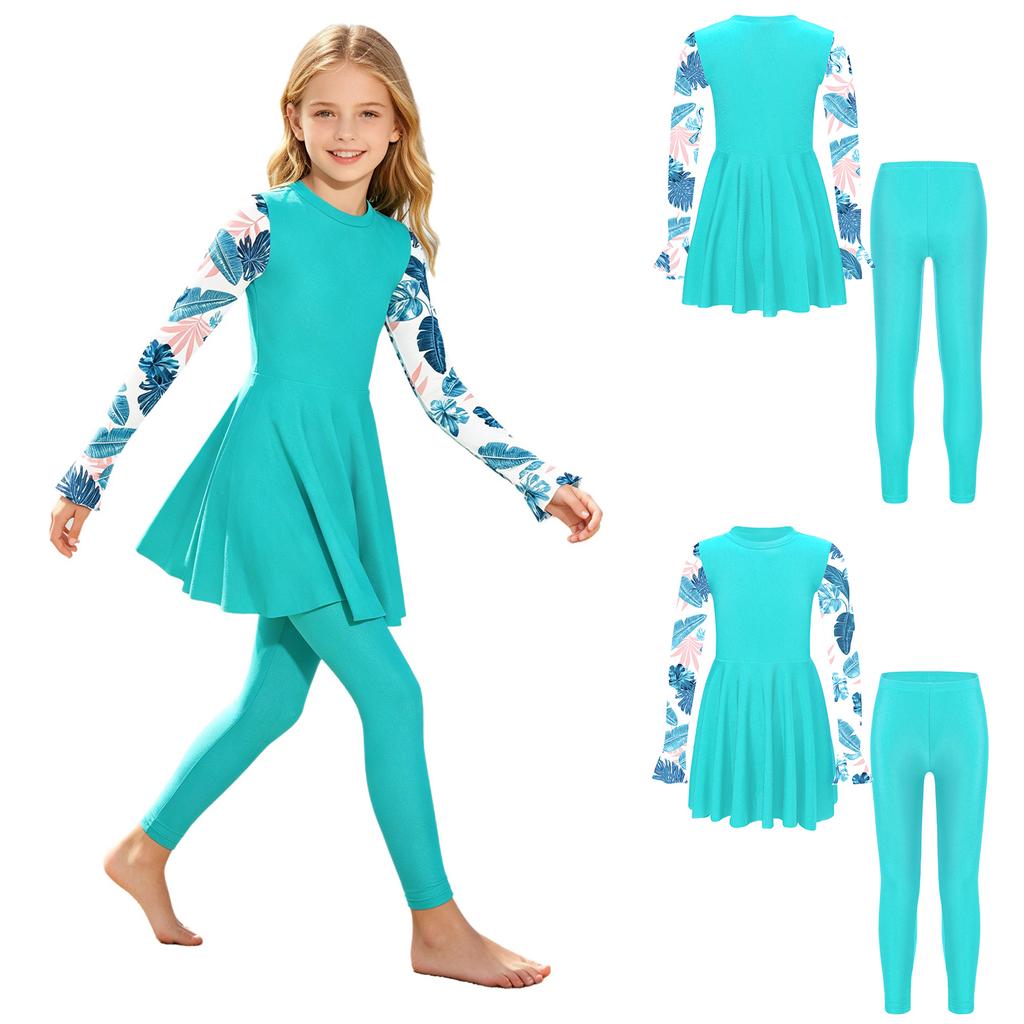 Kids Girls Two Piece Swimsuit Set Long Sleeve Floral Print Short Dress with Pants Rash Guard for Pool Beach Summer Swim